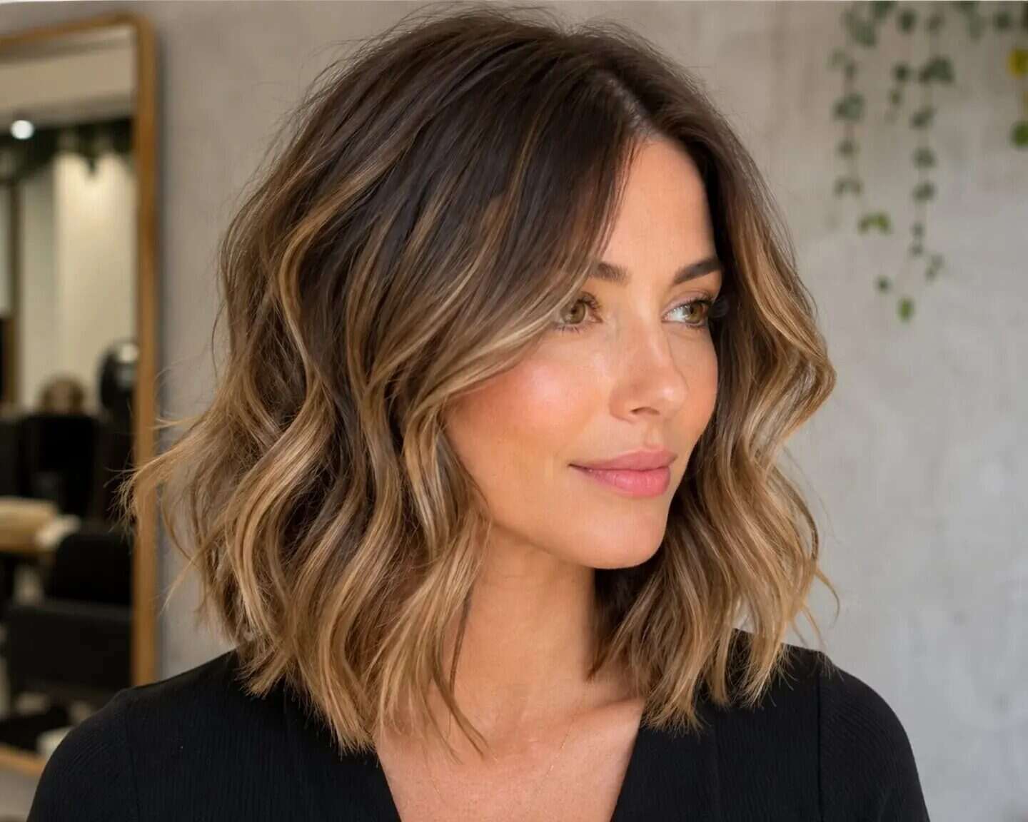 Mujer con corte de pelo bob ondulado y mechas en un salón de peluquería