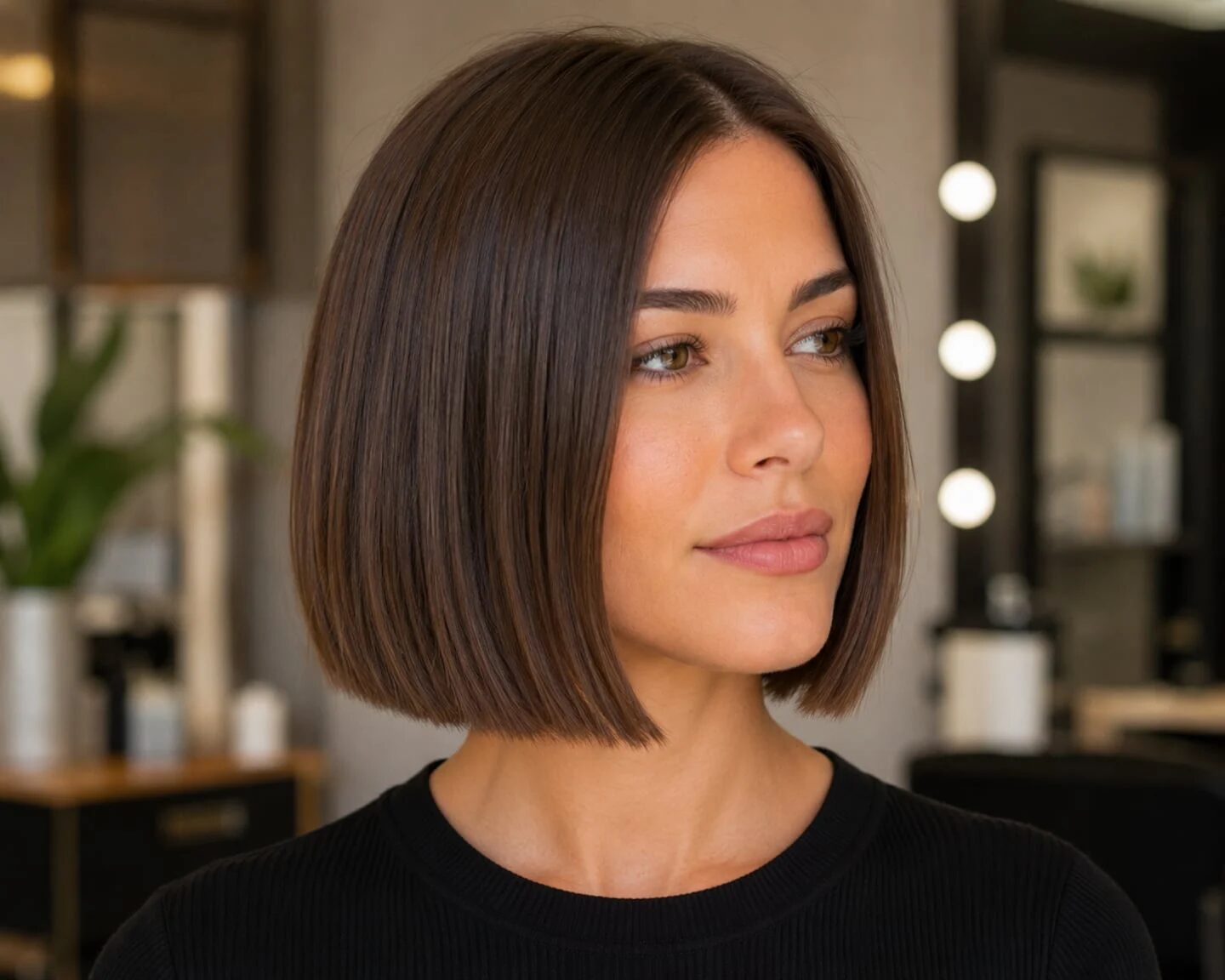 Mujer con corte de pelo bob lacio y brillante en un entorno de peluquería