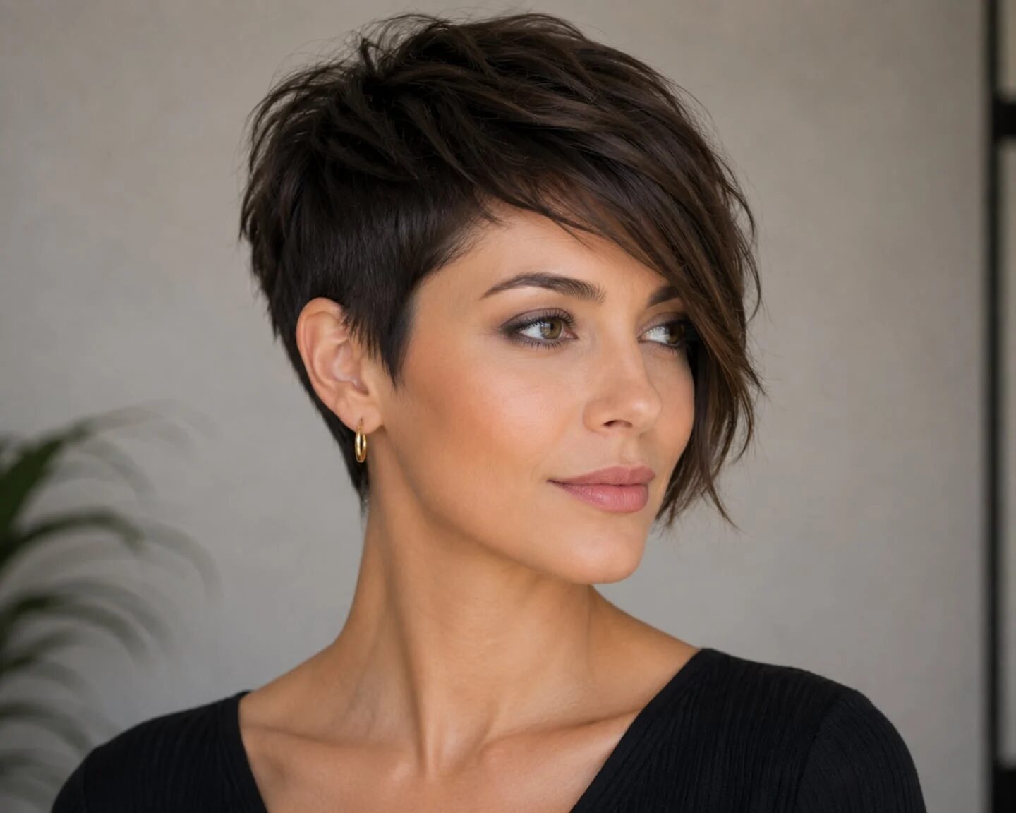 Mujer con corte de pelo moderno y voluminoso que rejuvenece su apariencia