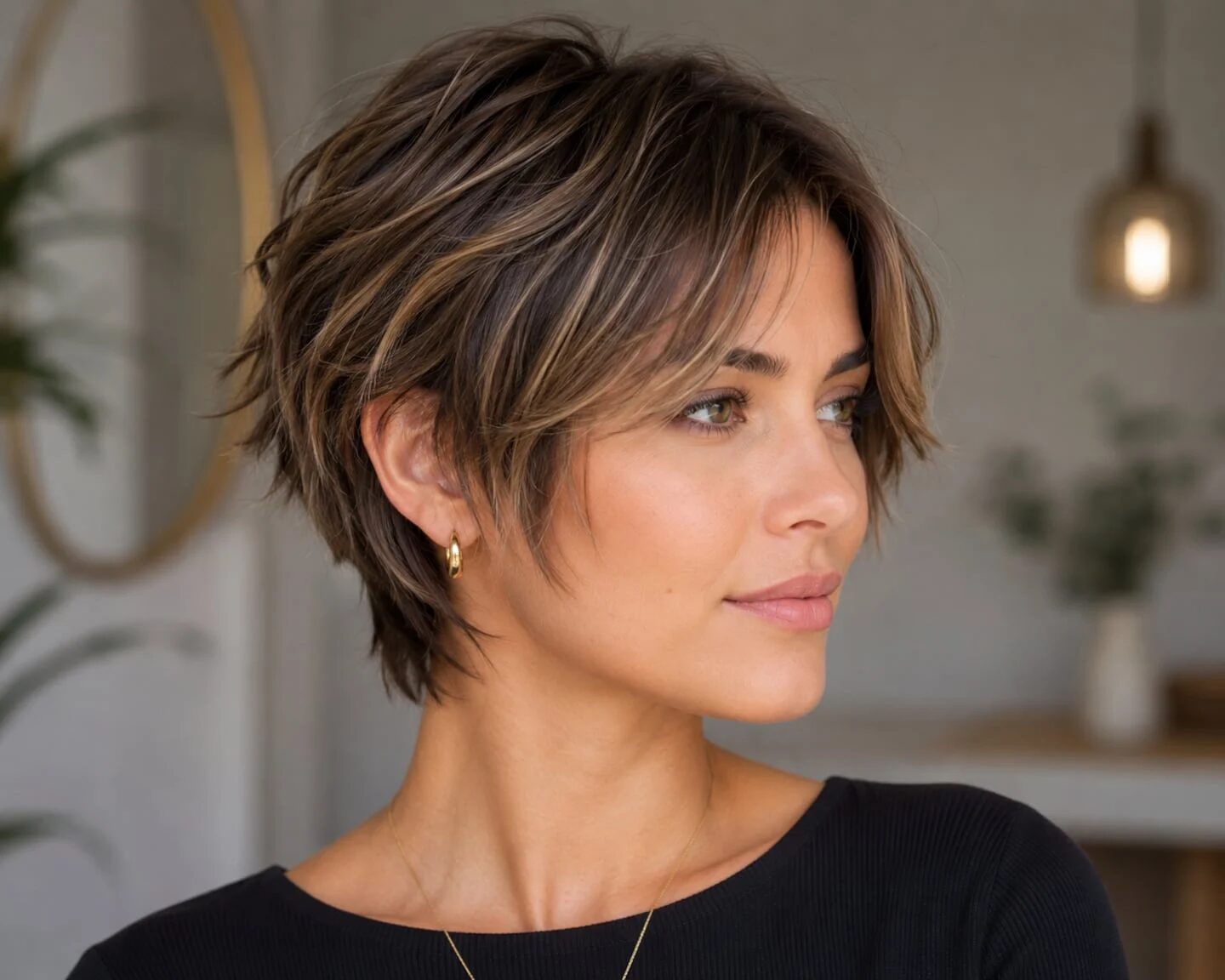 Mujer con corte de pelo corto y moderno que rejuvenece su apariencia