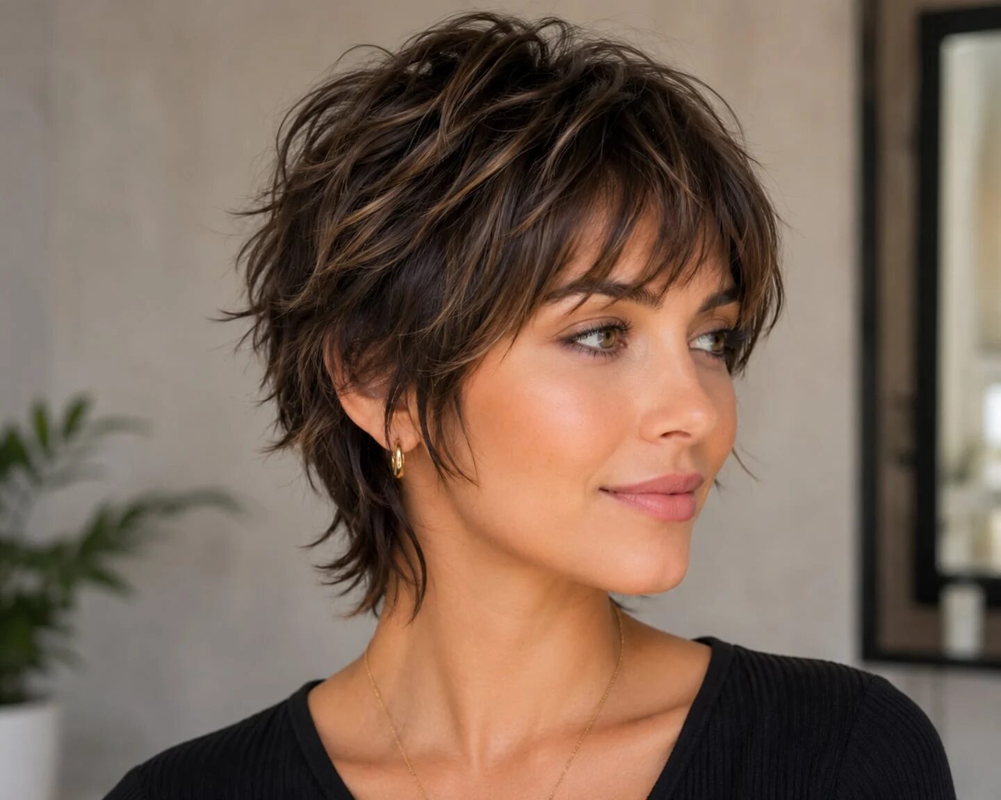 Mujer con corte de pelo moderno y voluminoso que rejuvenece su apariencia