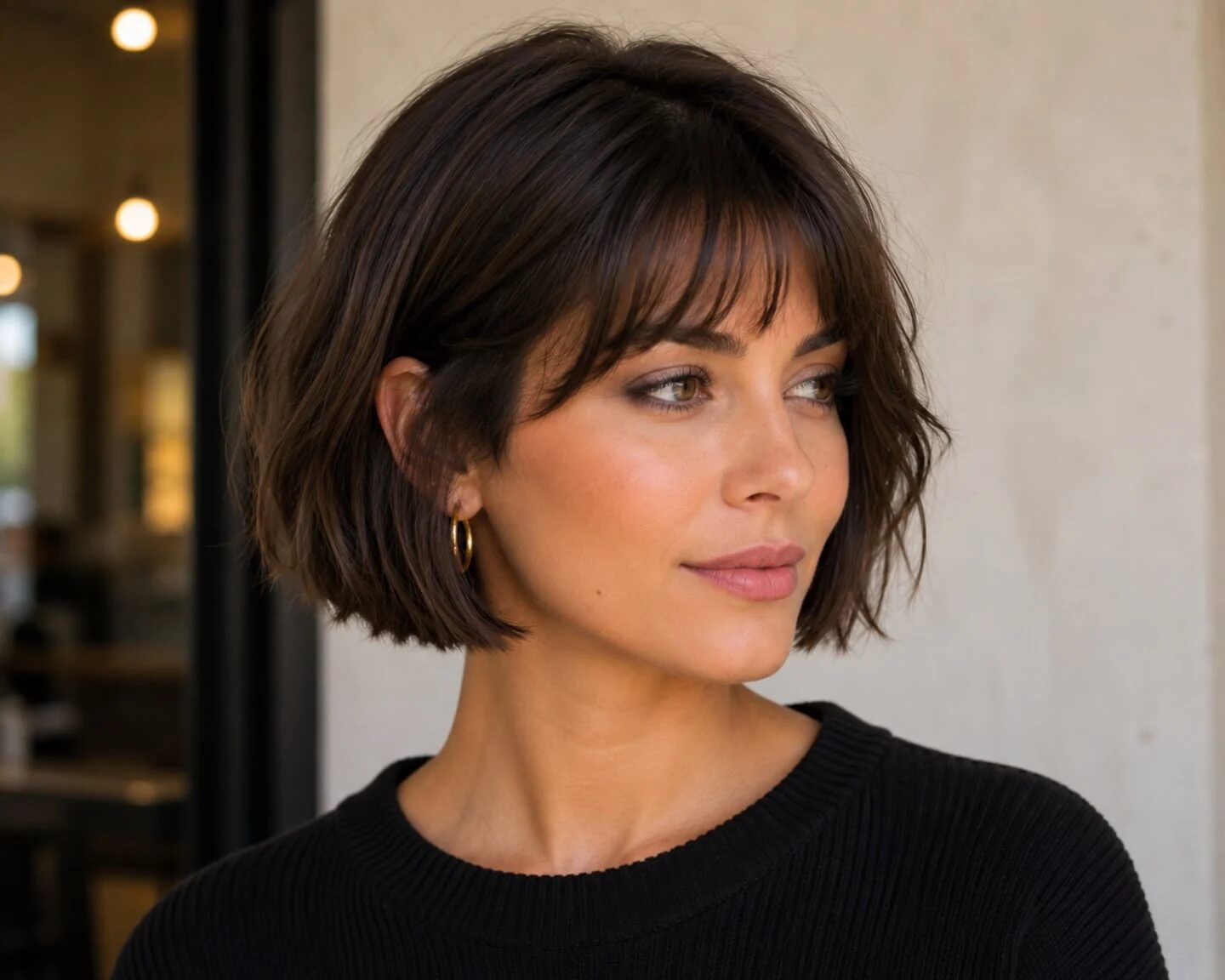 Mujer con corte de pelo bob y flequillo, luciendo un estilo moderno y juvenil