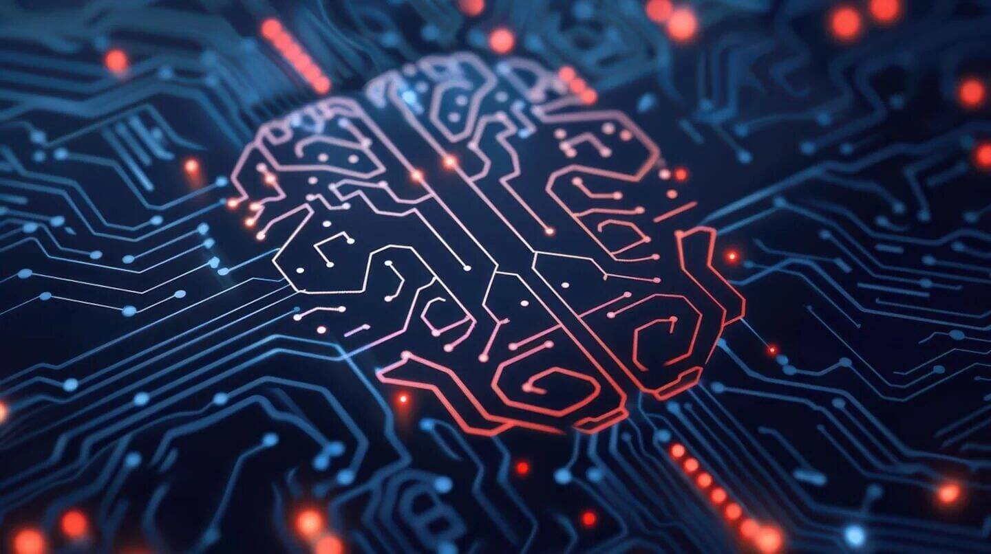 Circuito electrónico en forma de cerebro representando la inteligencia artificial