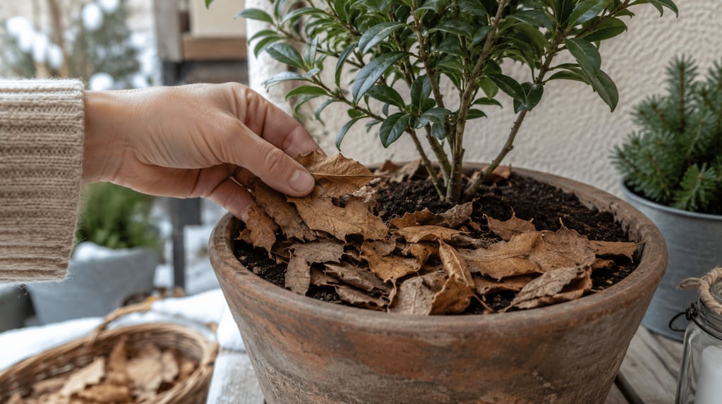 Cubrir macetas con hojas secas para proteger las plantas en invierno
