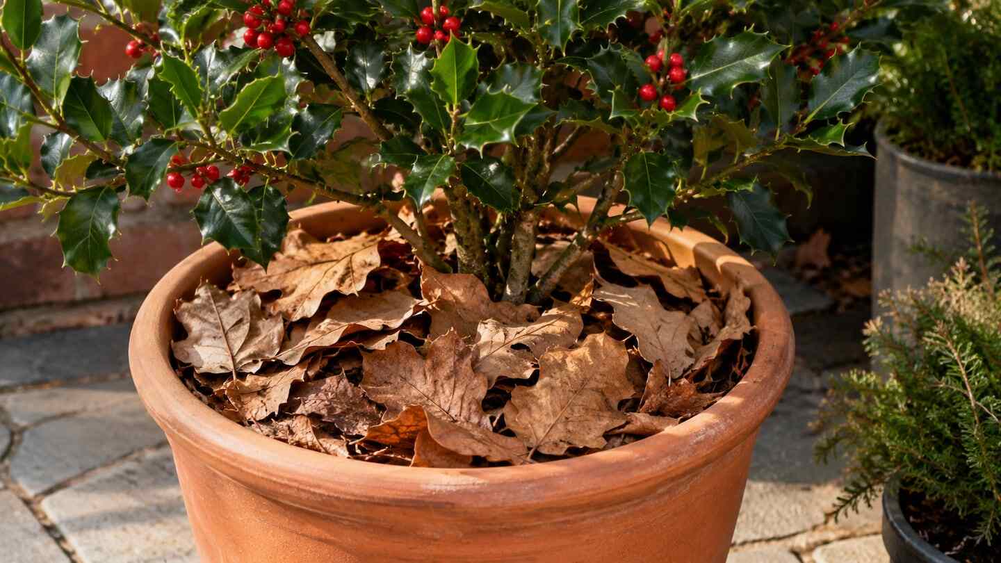Maceta con planta cubierta de hojas secas en un entorno de jardín