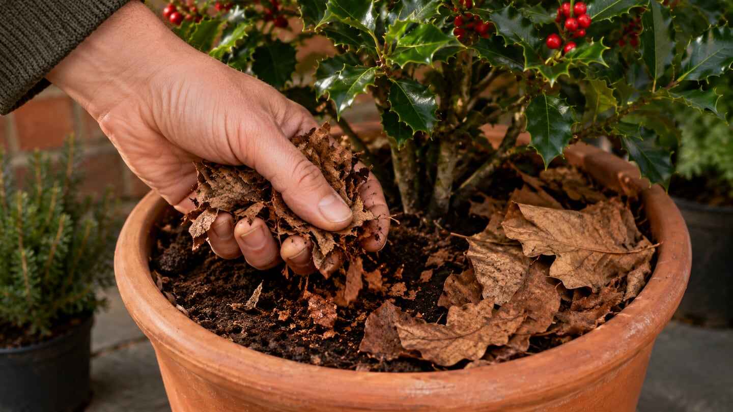 Mano cubriendo la tierra de una maceta con hojas secas