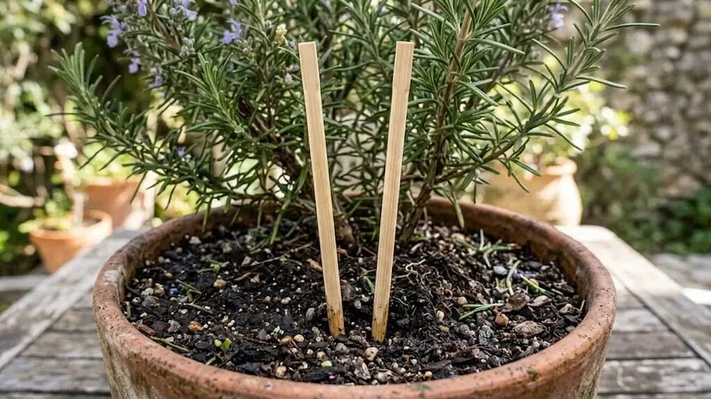 Planta de romero cuidada con palitos de sushi