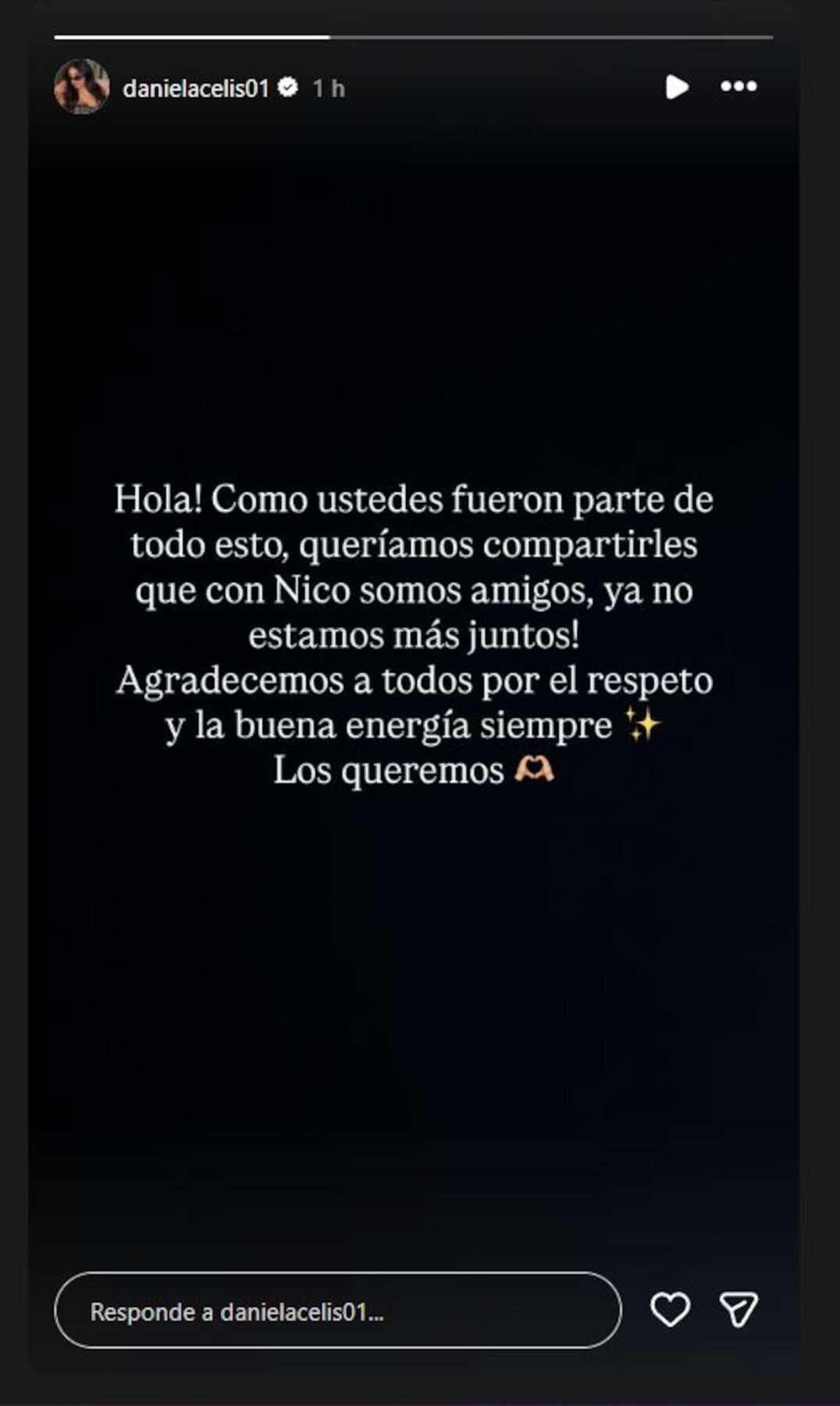 Publicación de Daniela Celis anunciando su separación de Nick Sicaro en Instagram