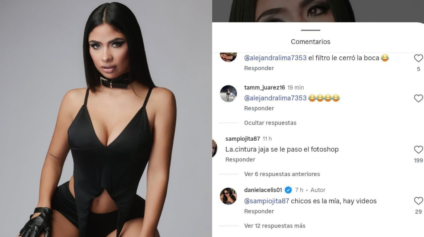 Daniela Celis posando con un vestido negro ajustado y maquillaje destacado
