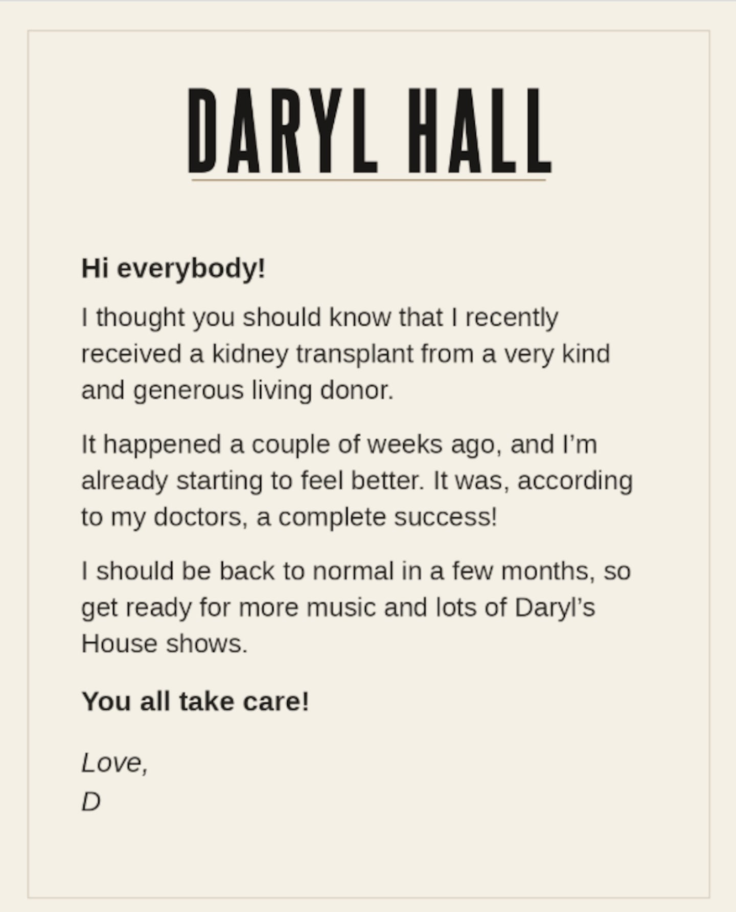 Mensaje de Daryl Hall sobre su recuperación tras un trasplante de riñón
