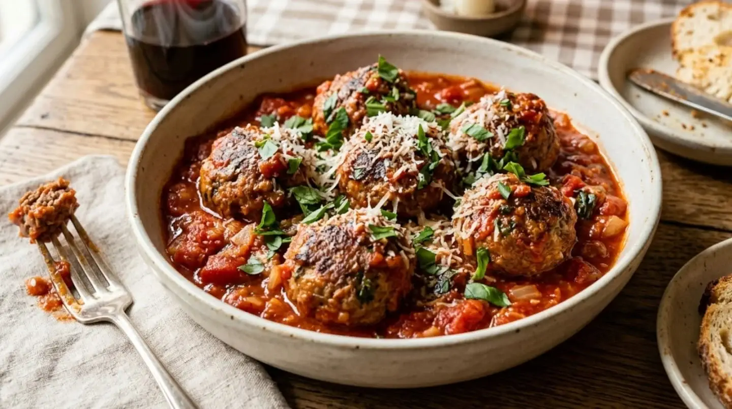Albóndigas jugosas en salsa con queso y hierbas frescas
