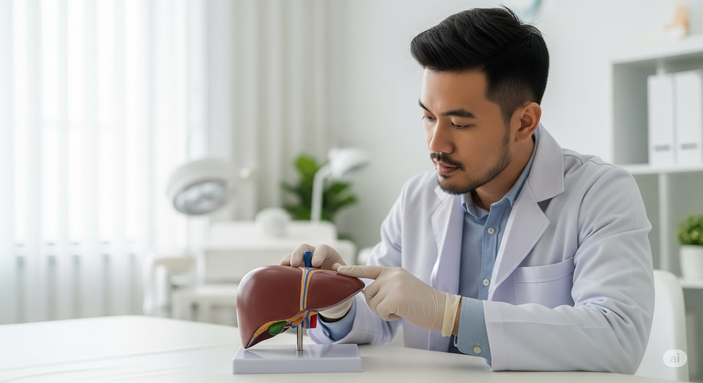Especialista en hígado examinando un modelo anatómico del hígado