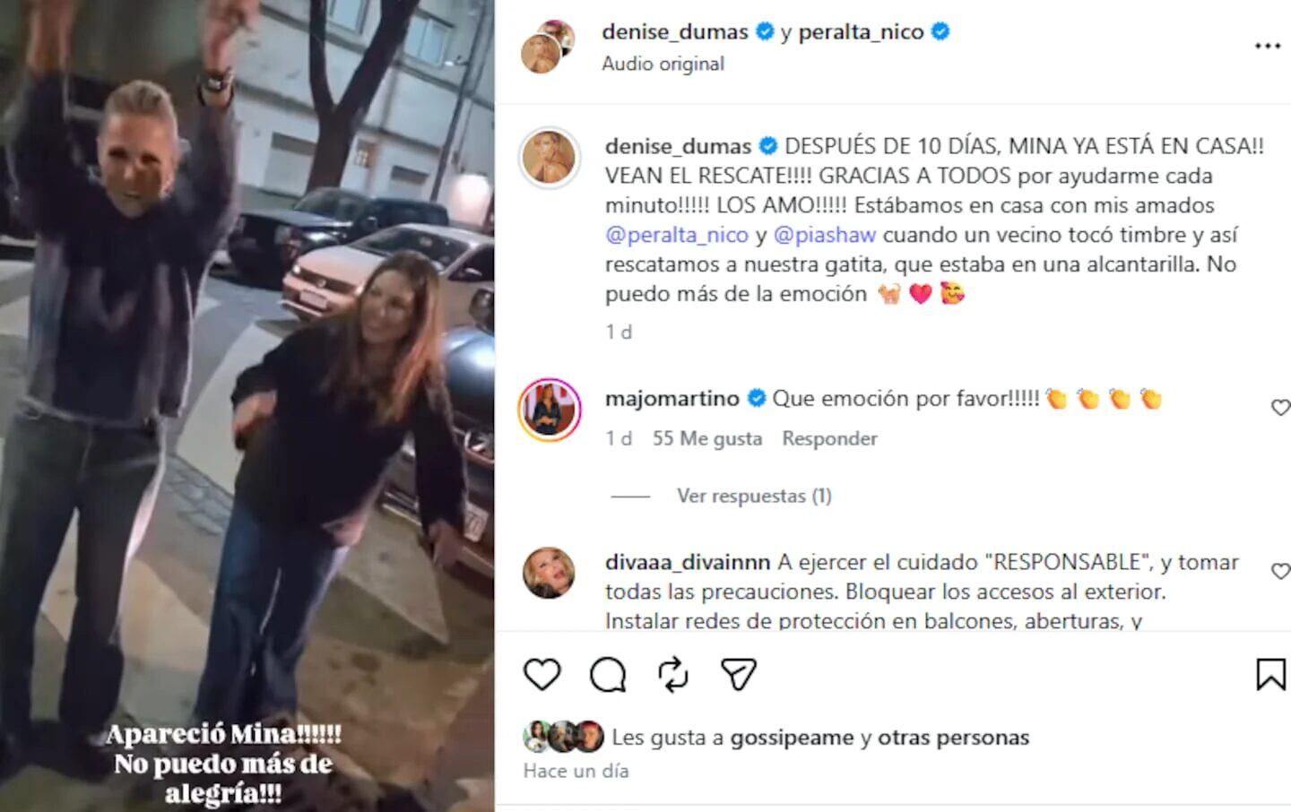 Denise Dumas celebra el reencuentro con su gata Mina tras 10 días de búsqueda
