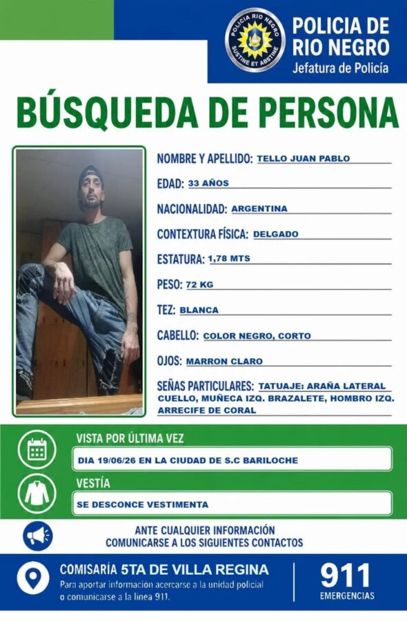 Cartel de búsqueda de Juan Pablo Tello, desaparecido en Bariloche