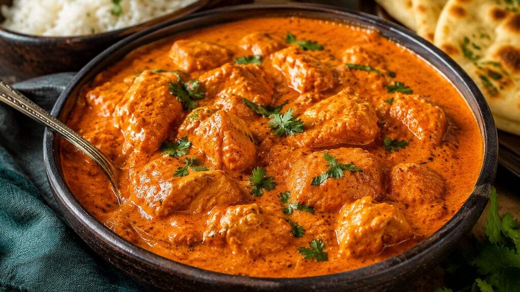 Plato de pollo tikka masala servido con arroz
