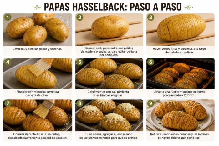 Pasos para preparar papas Hasselback con ingredientes y utensilios