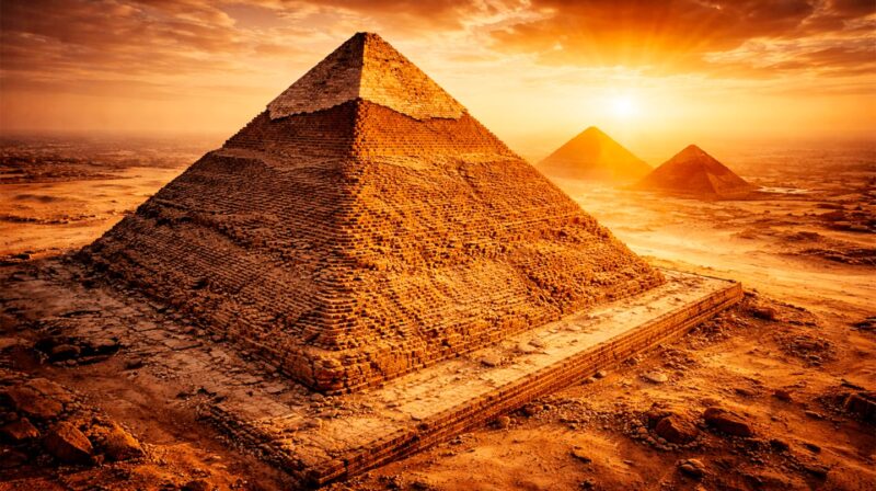 Pirámides de Egipto al atardecer con un cielo anaranjado