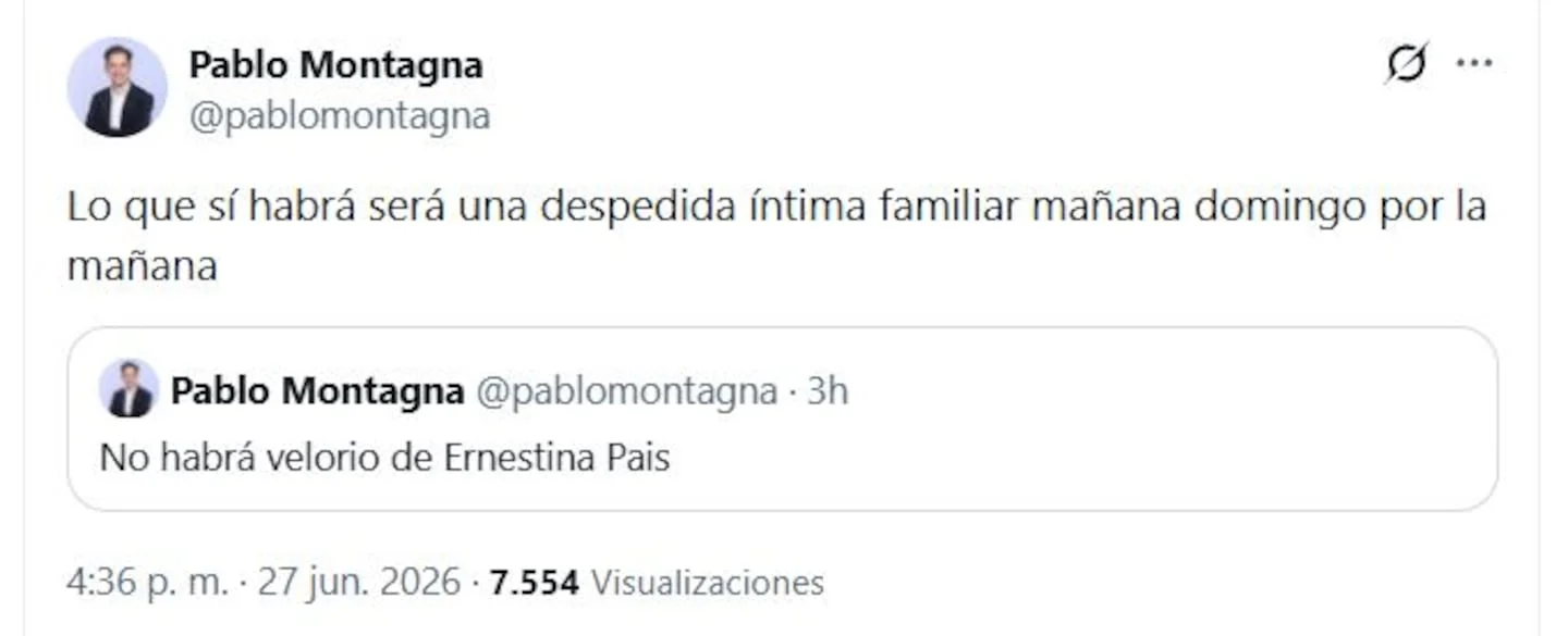 Tweet sobre la despedida íntima de Ernestina Pais