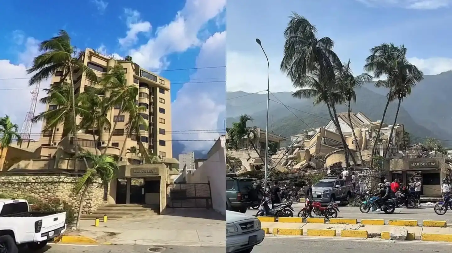 Comparativa de un edificio en La Guaira antes y después del terremoto en Venezuela