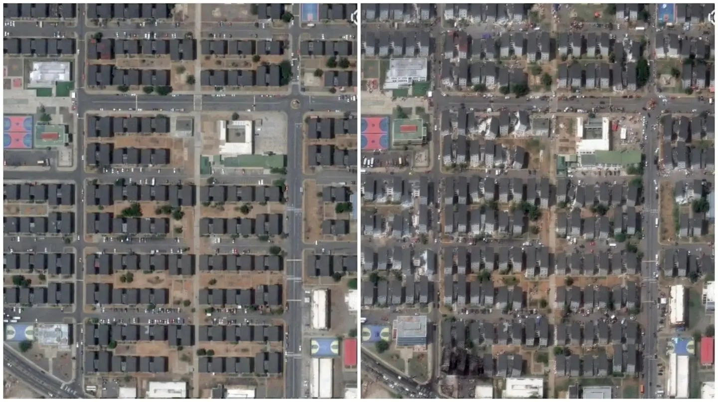 Comparativa aérea de un barrio en Venezuela antes y después de los terremotos