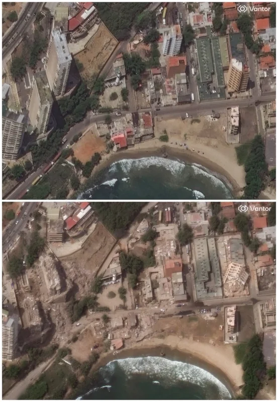 Comparativa aérea de La Guaira en Venezuela antes y después de los terremotos