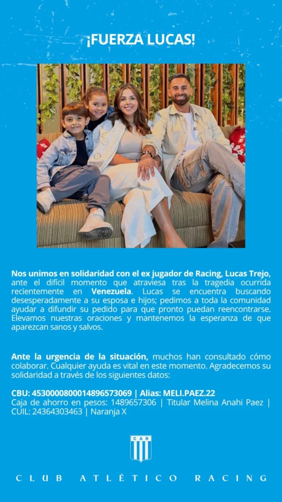 Mensaje de apoyo del Club Atlético Racing a Lucas Trejo tras la tragedia en Venezuela