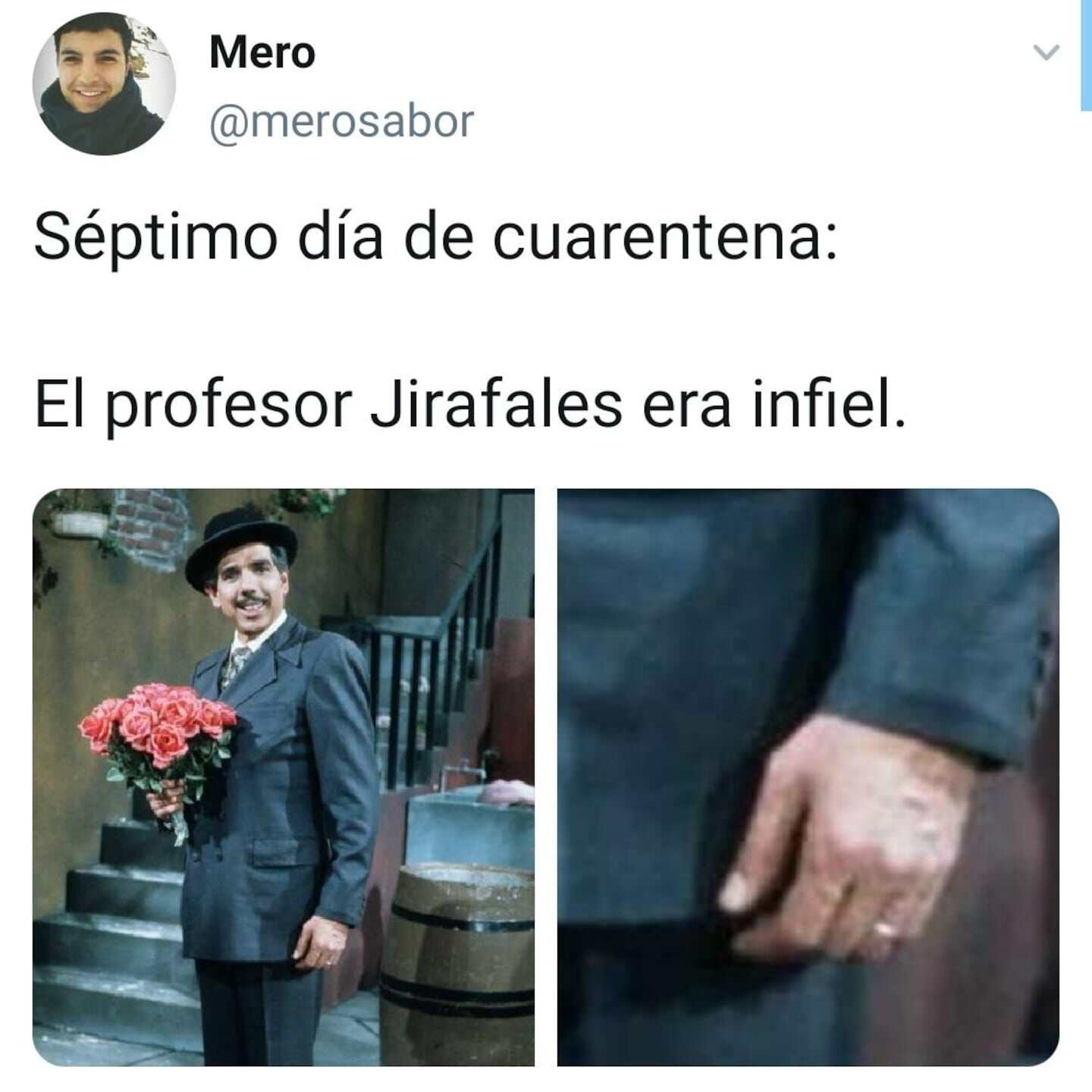 El Profesor Jirafales sosteniendo flores en una escena de 'El Chavo del 8'