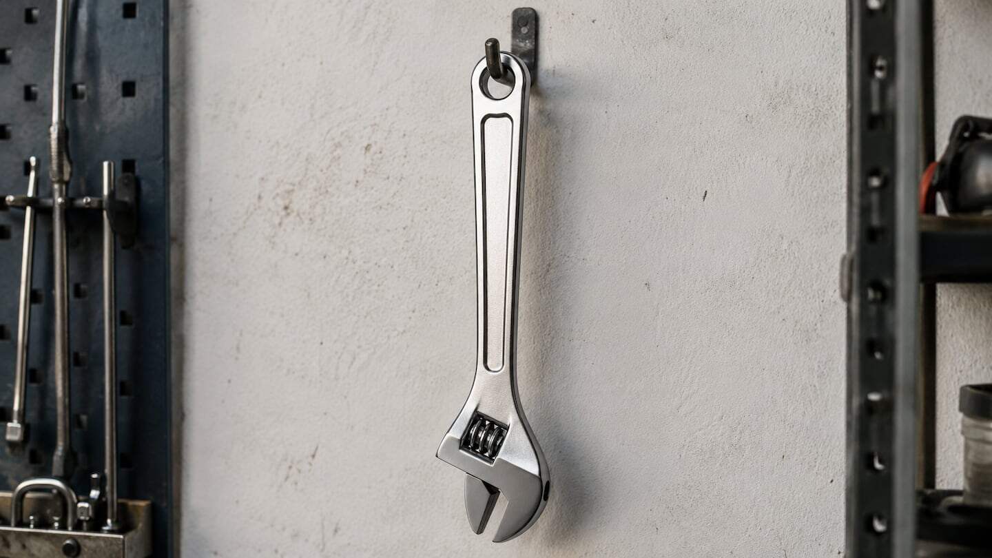 Llave inglesa colgada en una pared de taller