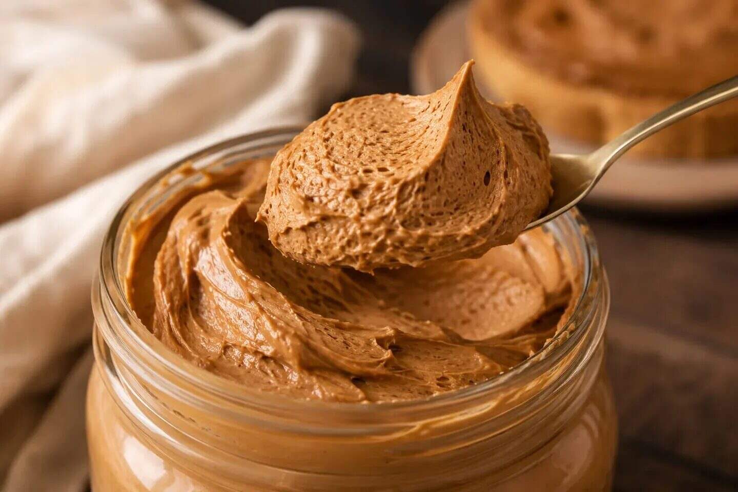 Dulce de leche aireado en un tarro con cuchara