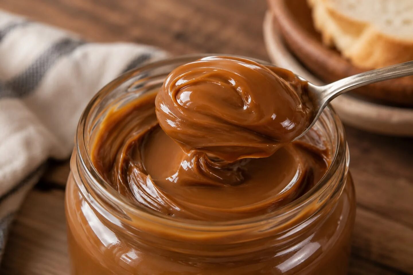 Cucharada de dulce de leche en un tarro de vidrio