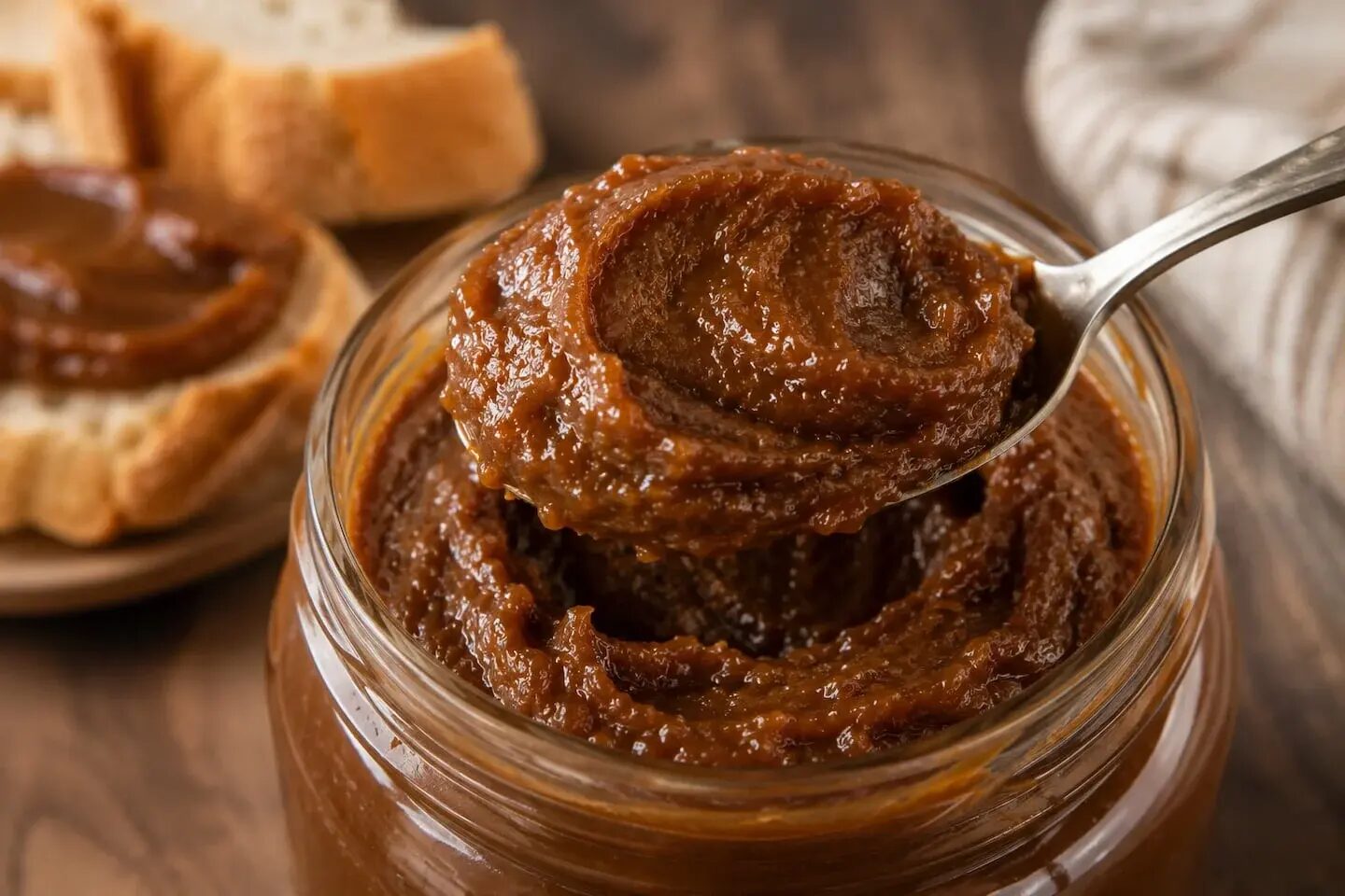 Dulce de leche aireado en un frasco con una cuchara