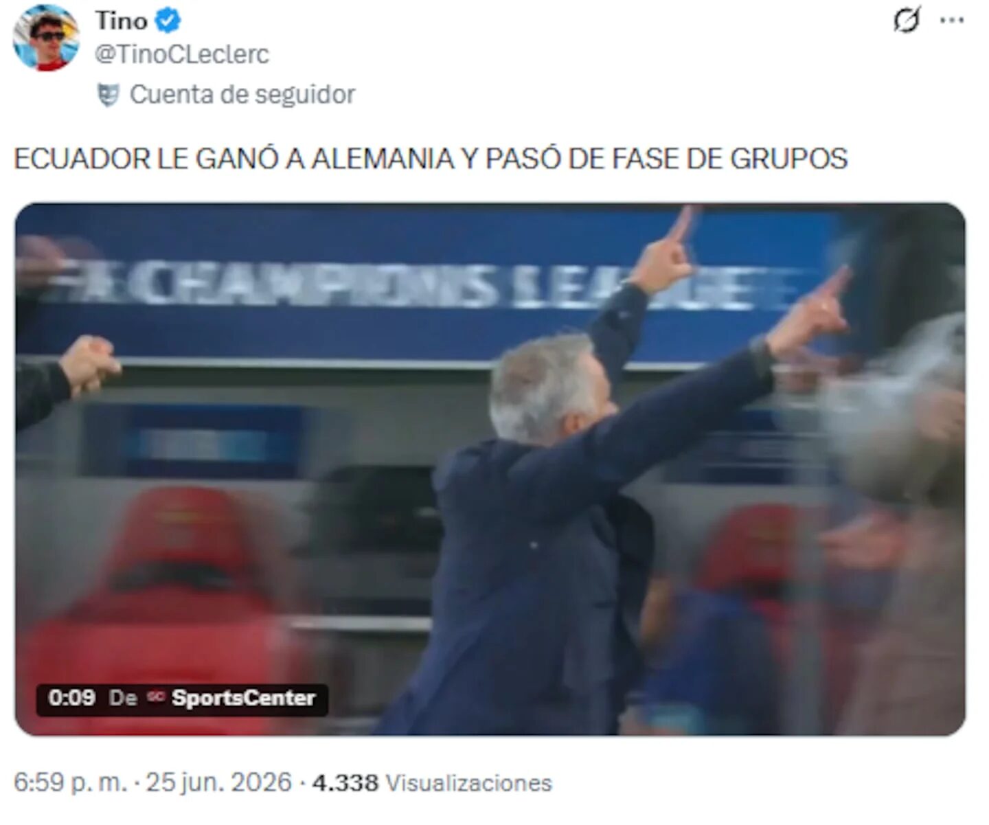 Entrenador celebra la victoria de Ecuador sobre Alemania en el Mundial 2026