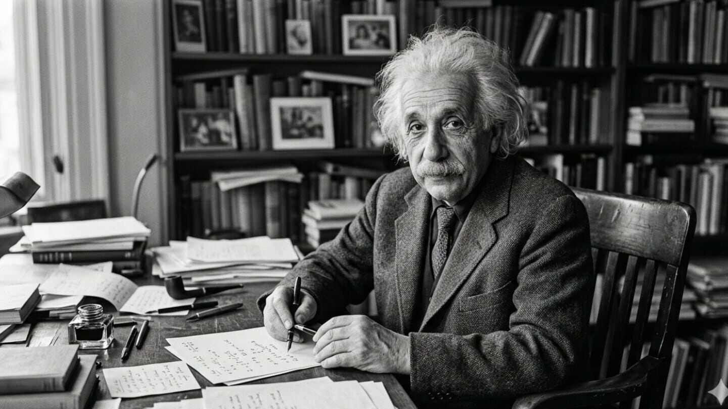 Albert Einstein sentado en su escritorio, escribiendo en un cuaderno rodeado de libros