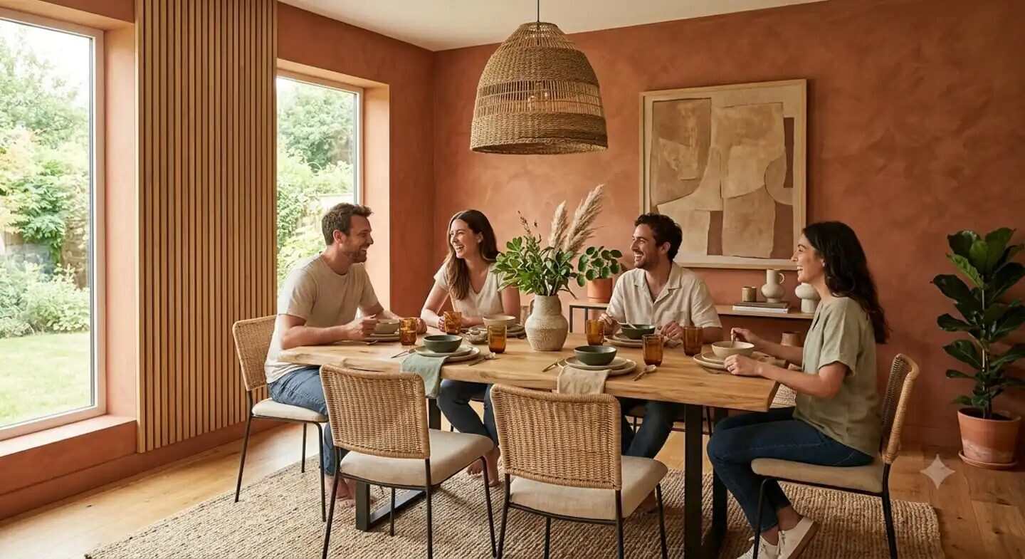 Grupo de personas disfrutando de una comida en un comedor con paredes de color terracota y decoración cálida