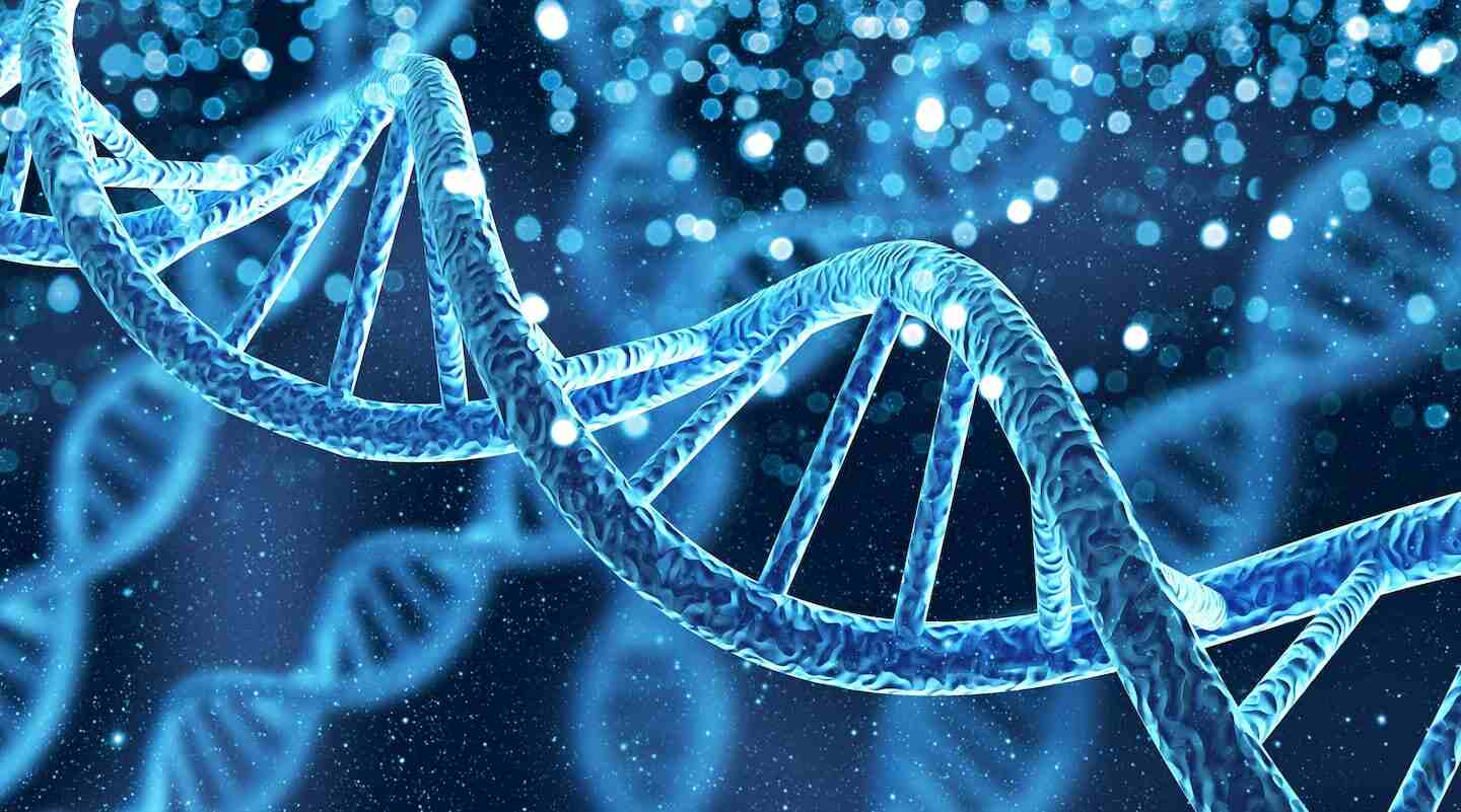 Estructura del ADN en un fondo azul con destellos de luz