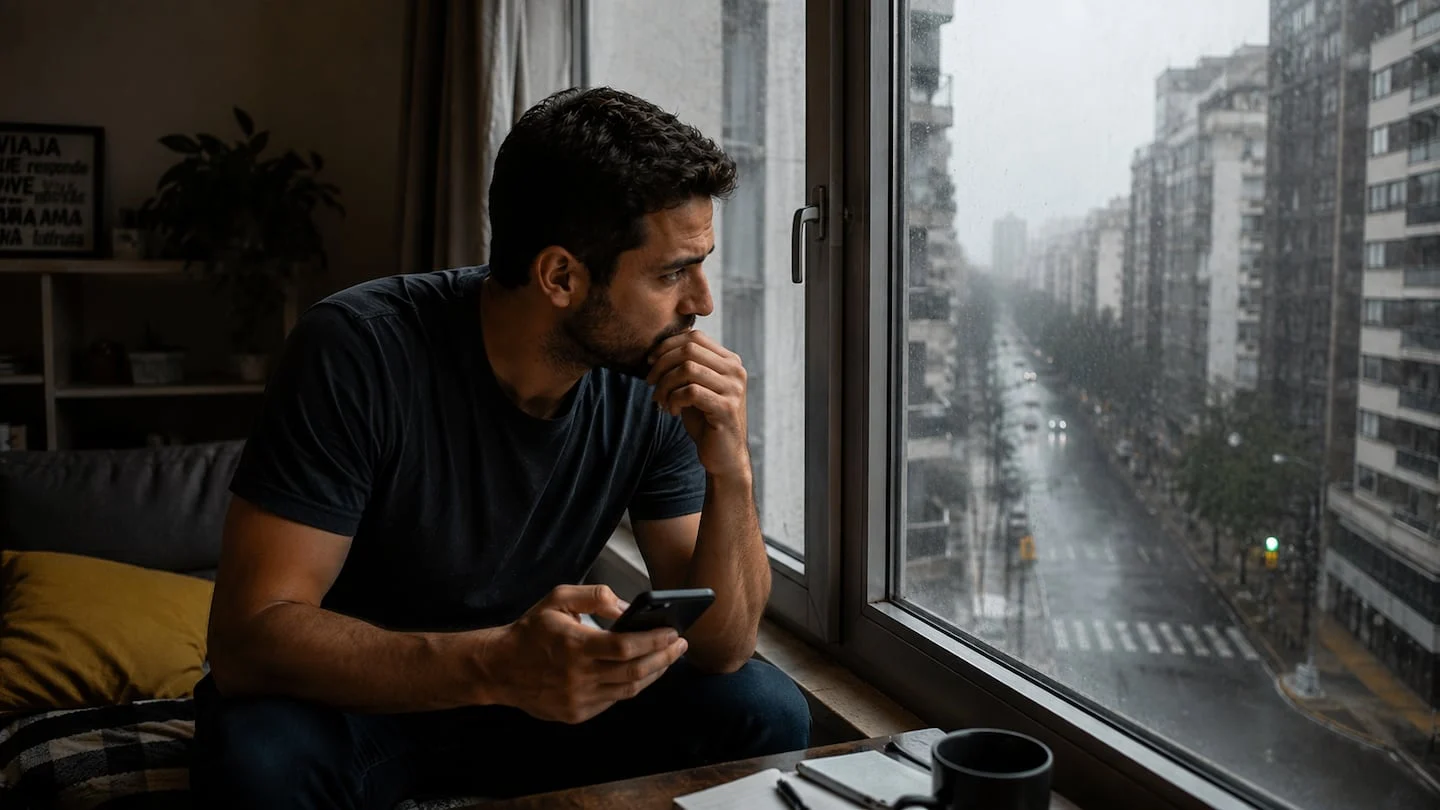 Hombre pensativo mirando por la ventana en un día lluvioso