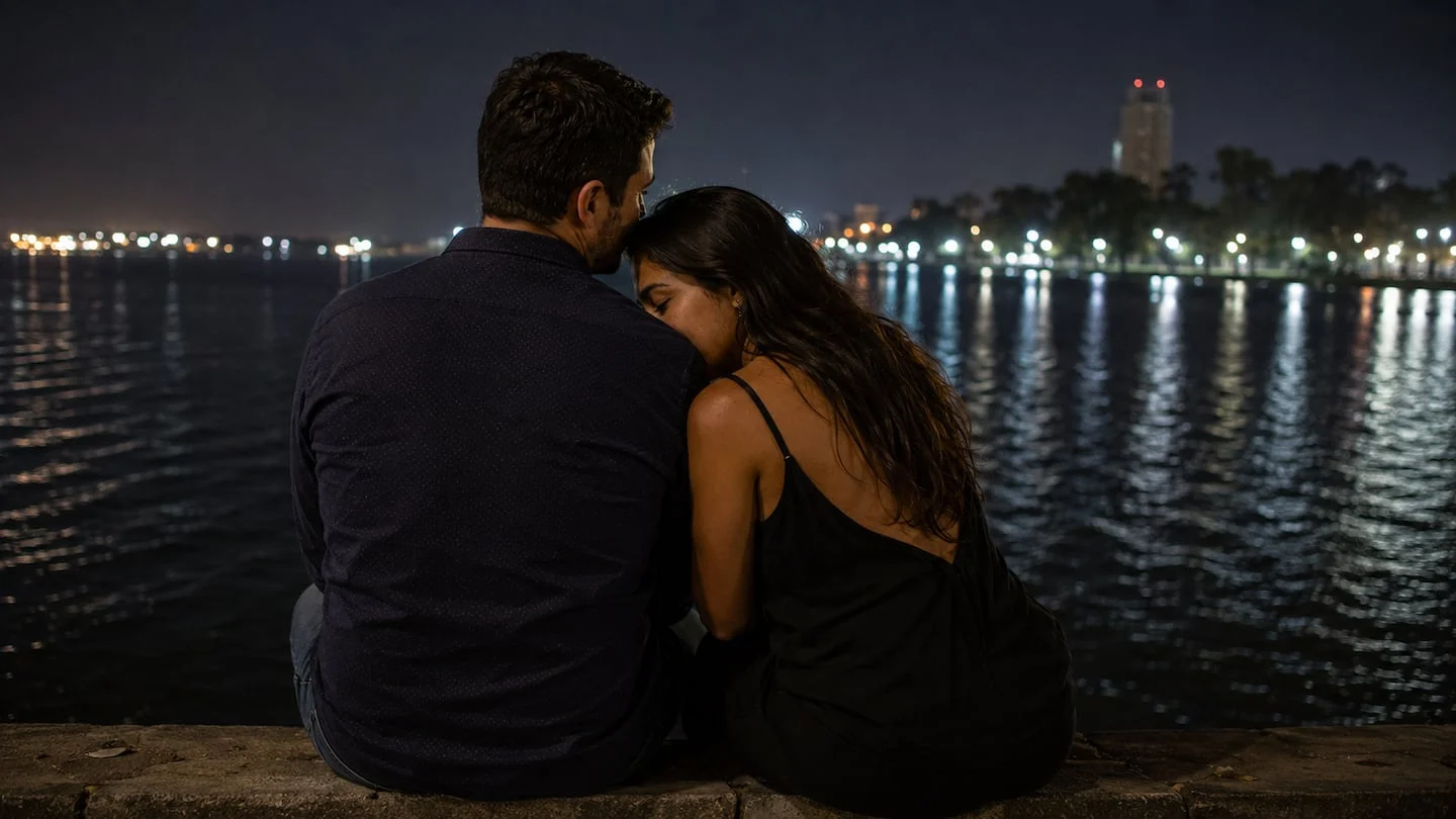 Damián y Carolina sentados juntos en la orilla del agua durante la noche