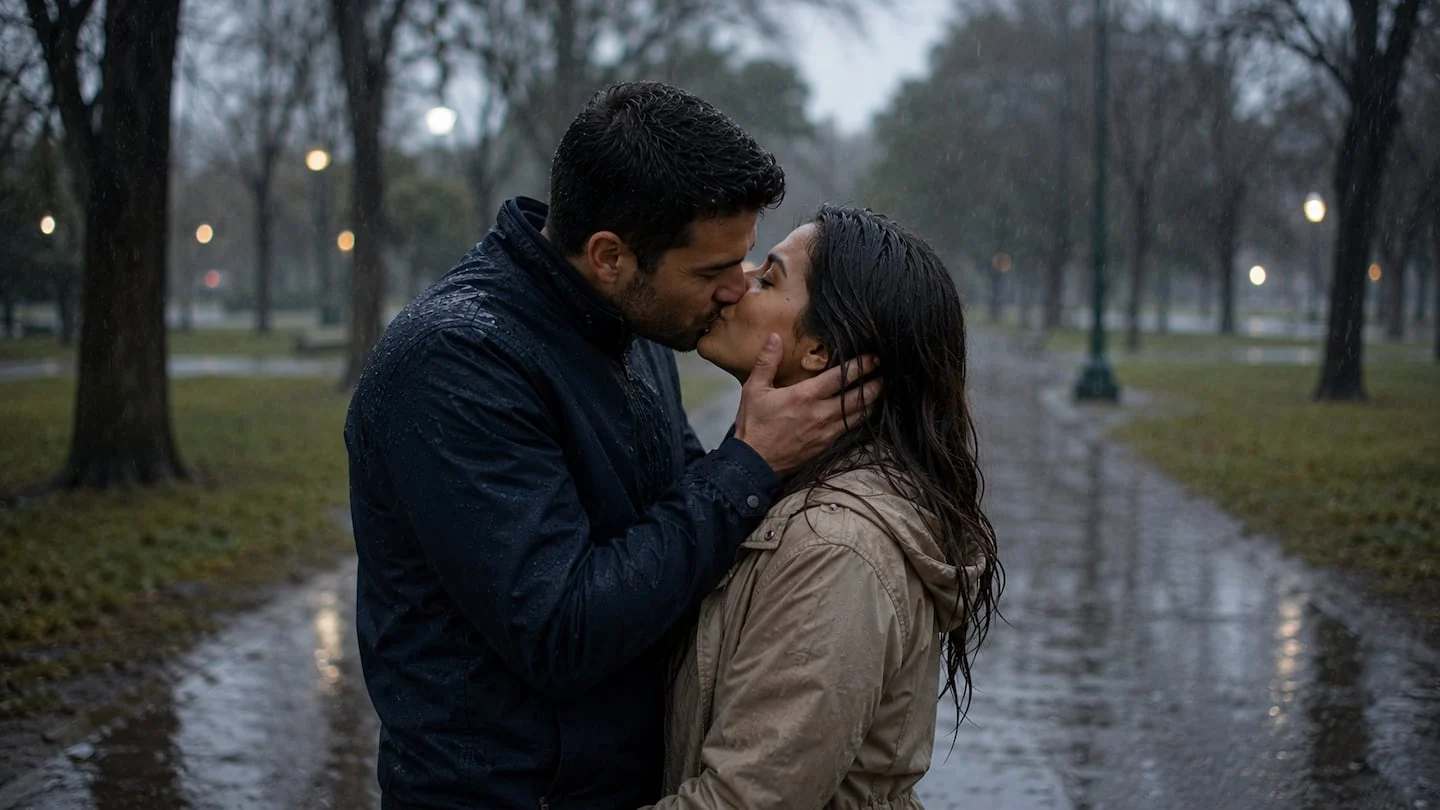 Pareja besándose bajo la lluvia en un parque