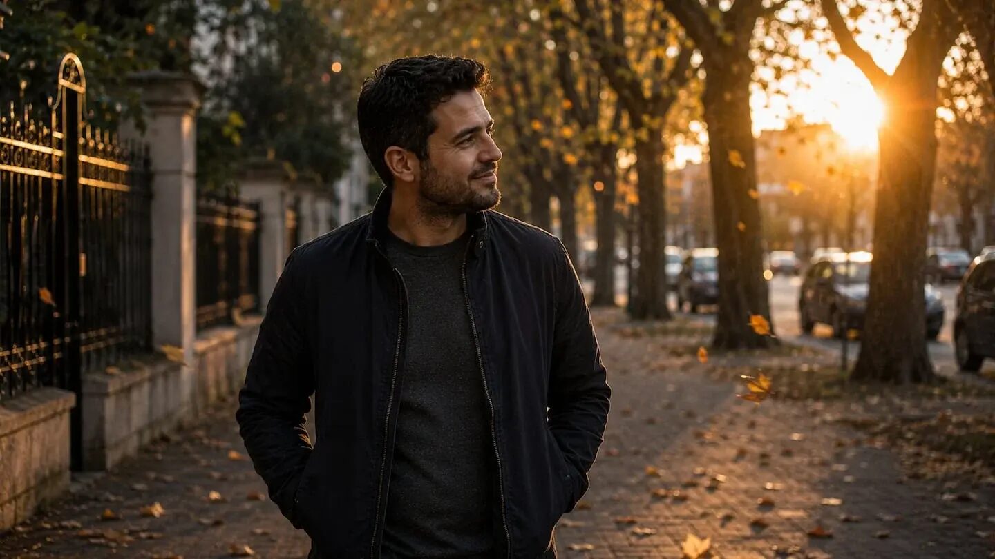 Hombre caminando por una calle arbolada al atardecer
