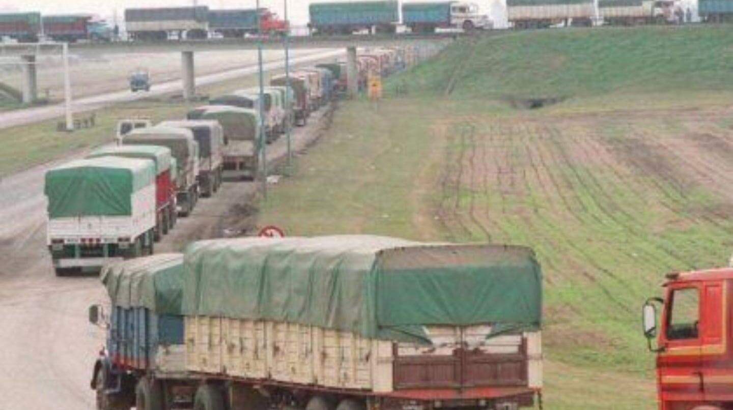 Camiones en fila en una carretera, transportando productos agrícolas en Argentina