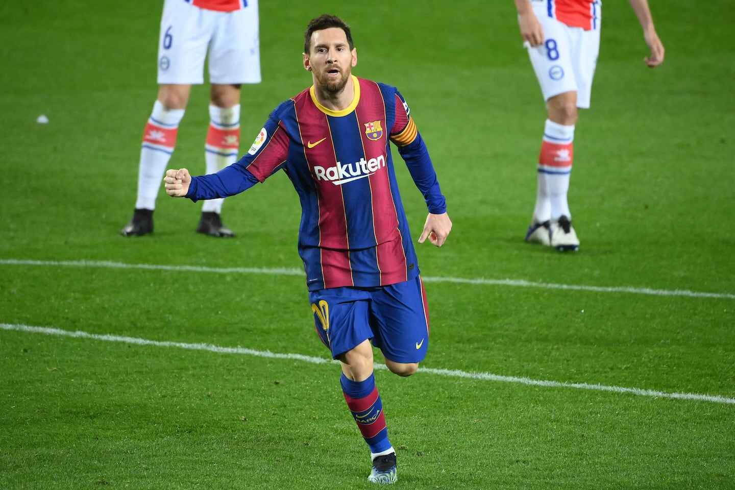 Lionel Messi celebrando un gol con la camiseta del FC Barcelona en un partido de La Liga