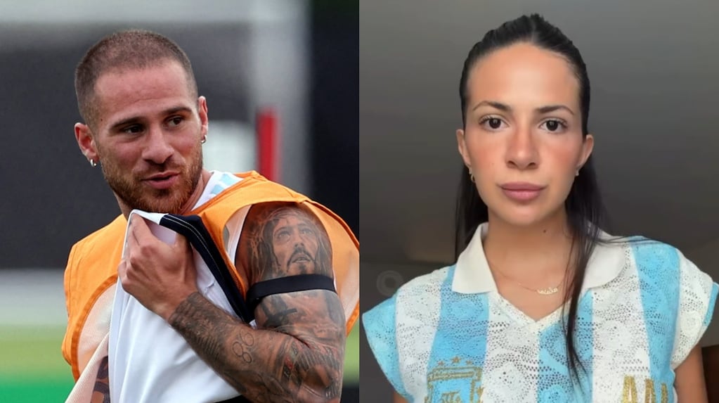 Alexis Mac Allister con Ailén Cova y su hija Alaia en el estadio de Dallas