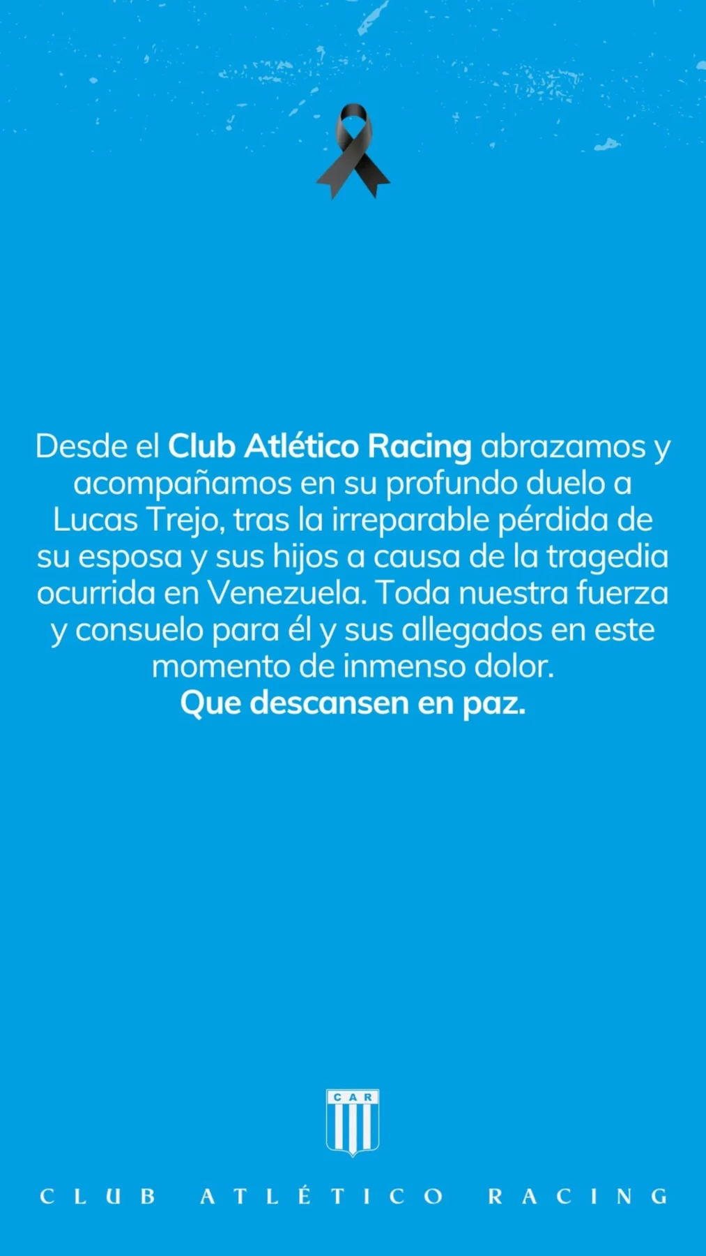 Mensaje de apoyo del Club Atlético Racing a Lucas Trejo tras la tragedia en Venezuela