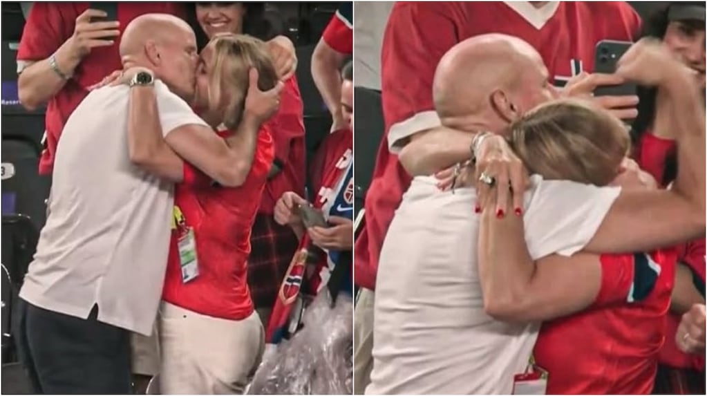 Stale Solbakken besando a su esposa tras la victoria de Noruega