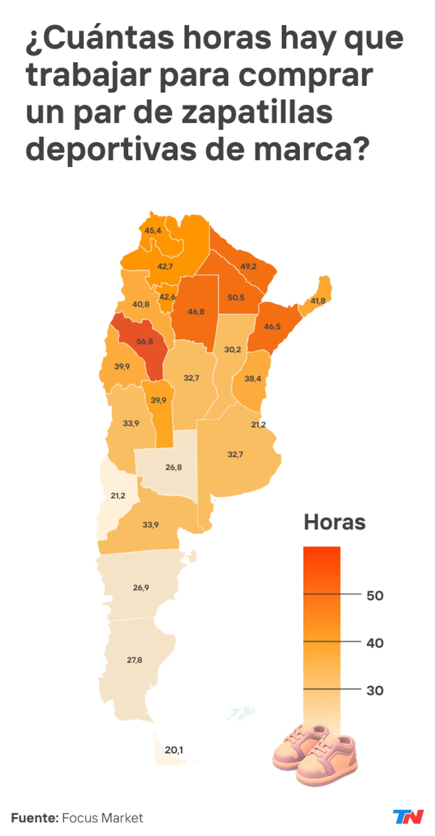 Mapa de Argentina mostrando las horas necesarias para comprar zapatillas deportivas por provincia