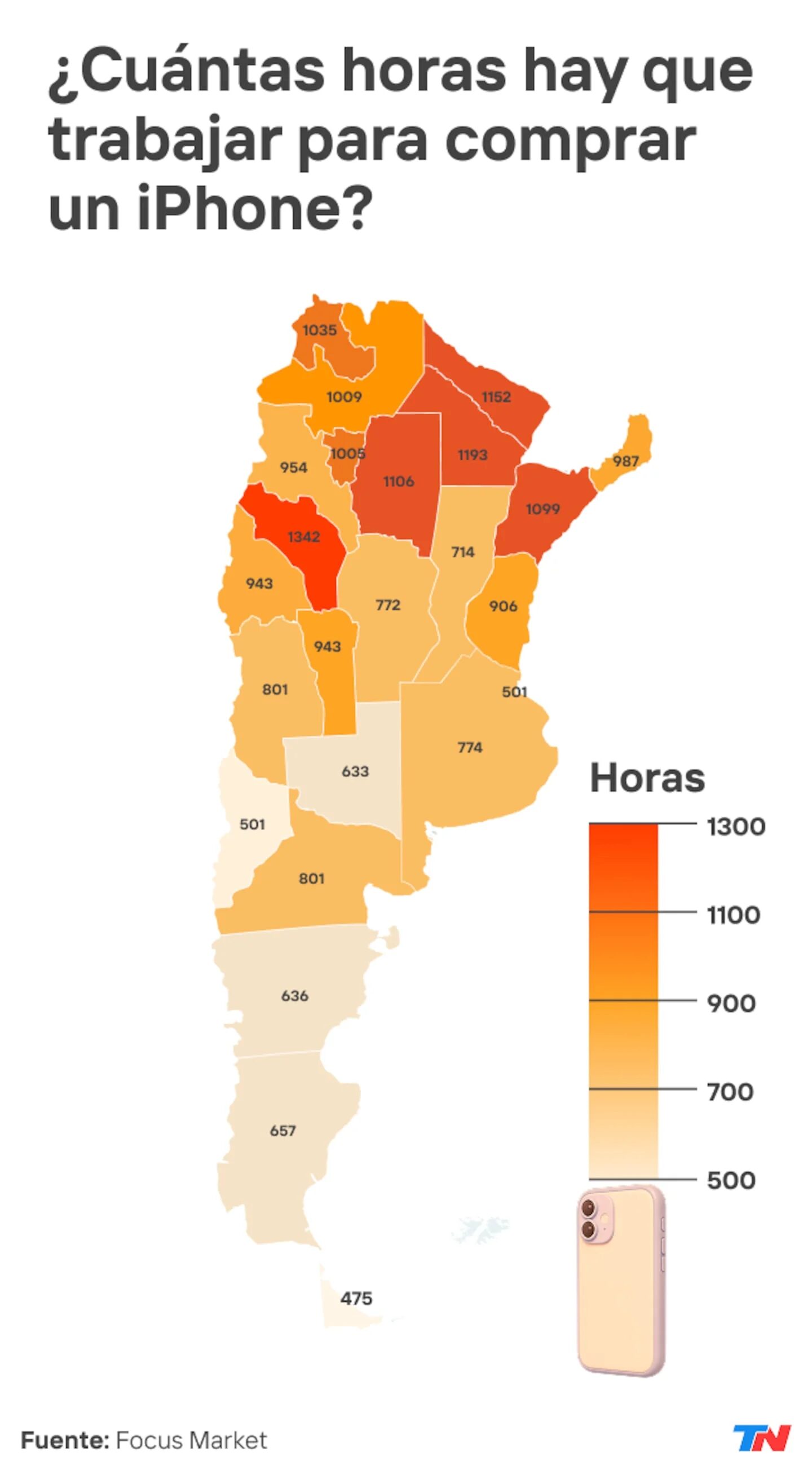 Mapa de Argentina mostrando las horas necesarias para comprar un iPhone por provincia