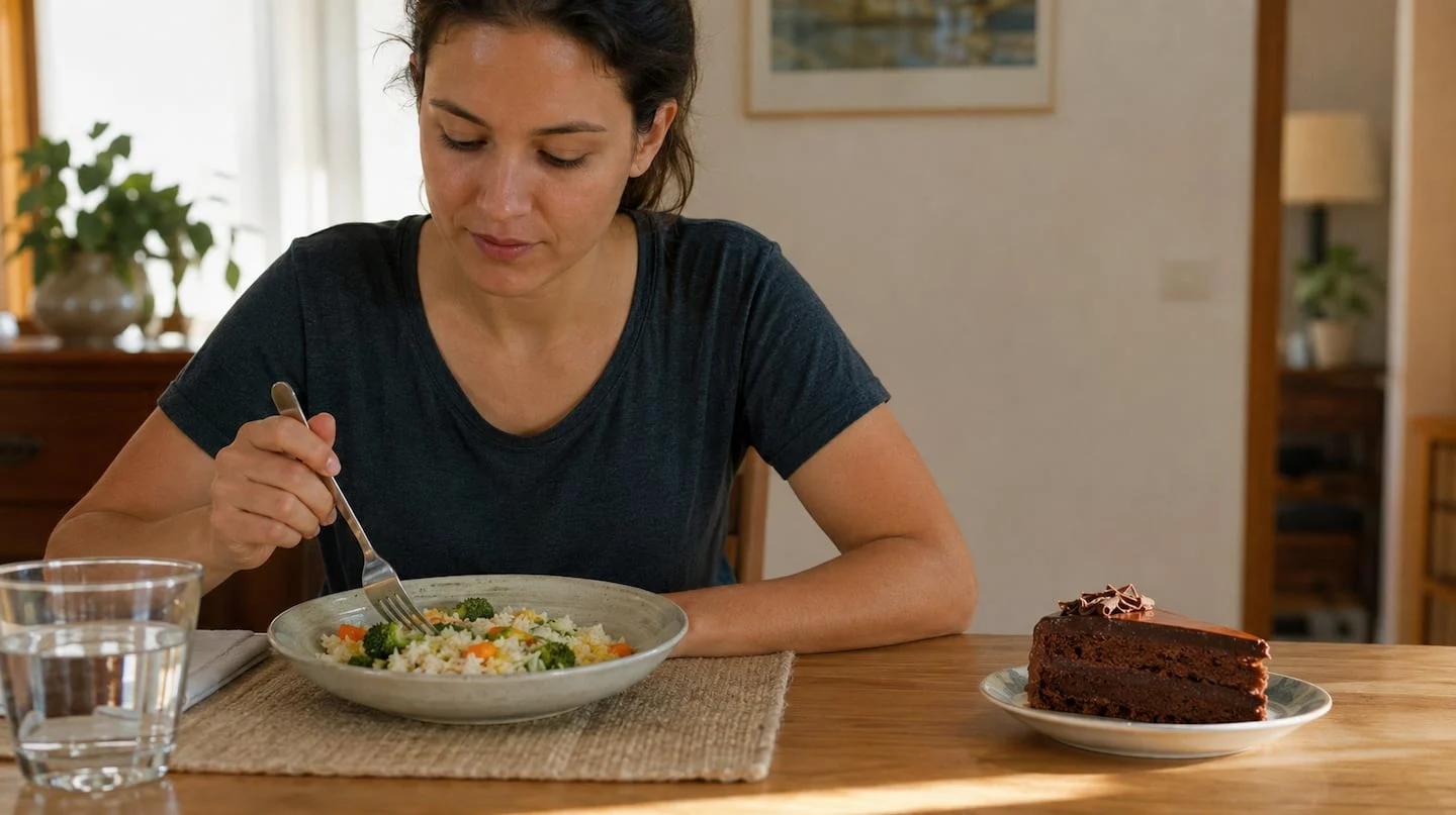 Mujer comiendo un plato de arroz y verduras mientras observa un pastel de chocolate