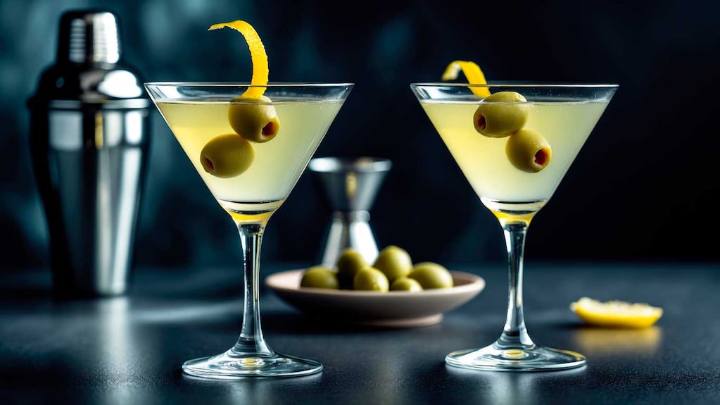 Dirty Martini en una copa fría con aceitunas