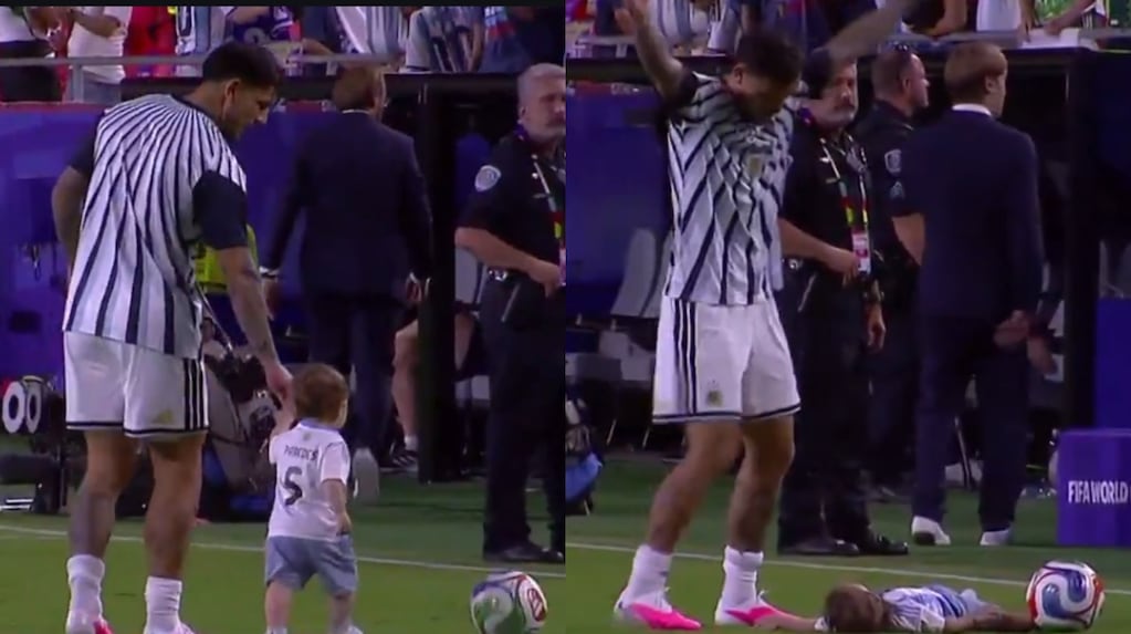 Leandro Paredes y su hijo Lautaro en el campo de juego tras el partido