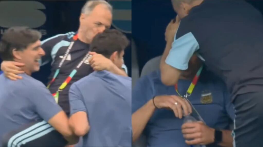 Mario Di Stéfano festejando con el cuerpo técnico de la Selección argentina